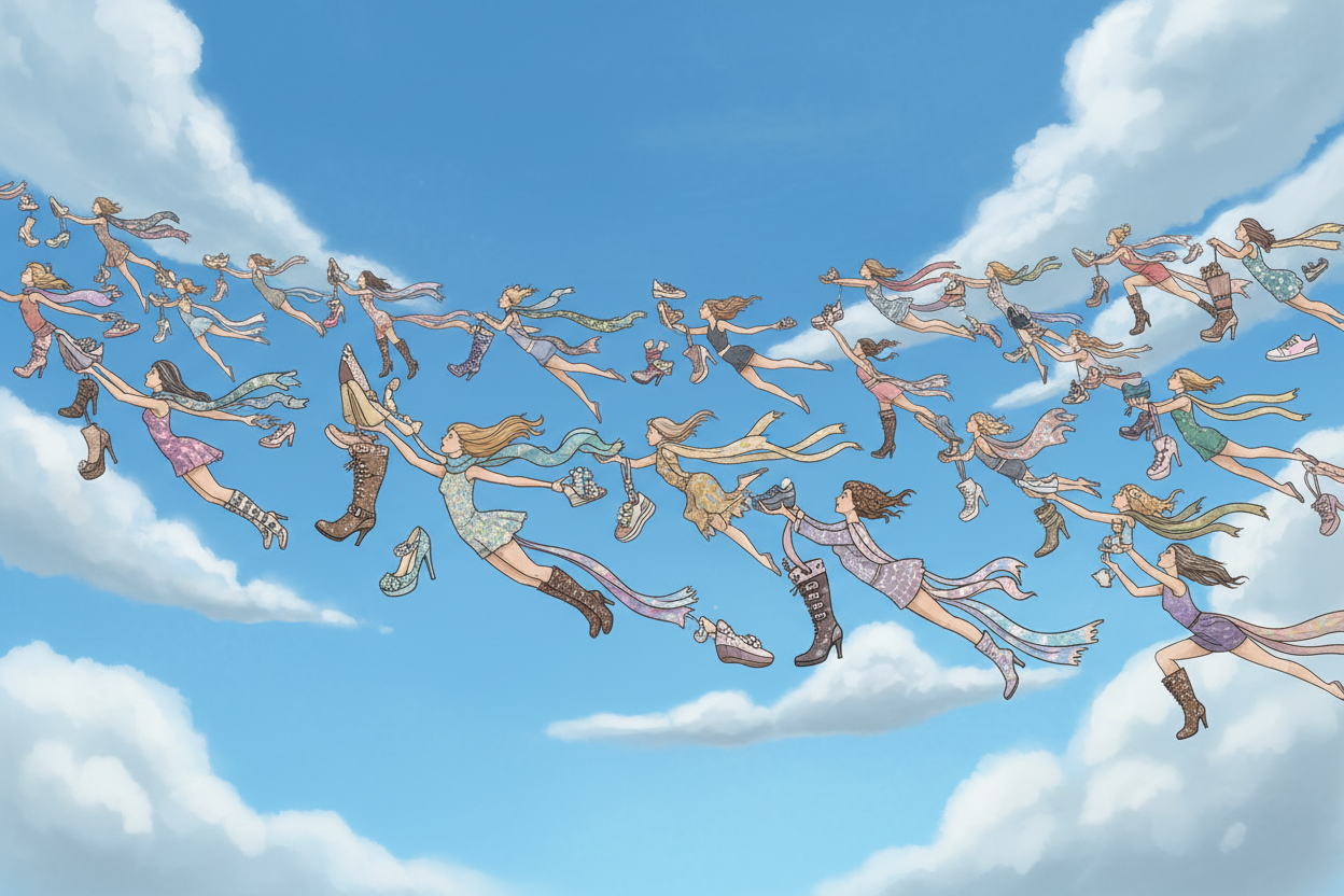 une infinite de femme volant dans un ciel clair comme des oiseaux portant dans les pieds et les mains et les queus des differents modeles de chaussures de femmes.